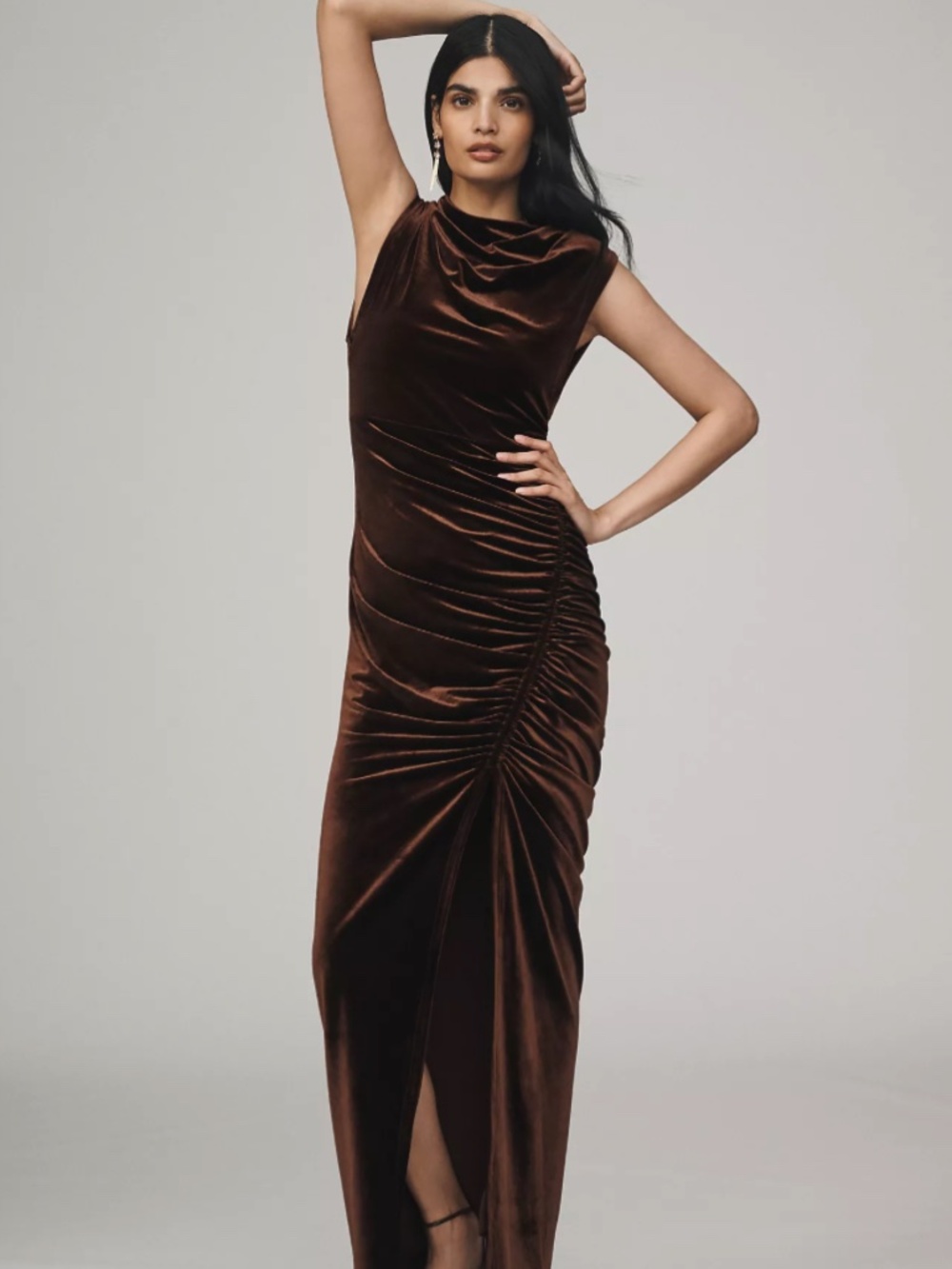 Anthropologie BHLDN Francesca High-Neck Stretch Velvet Maxi Dress in Brown